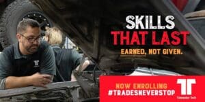 Man working on a car engine with text that says "Skills that last, earned, not given"