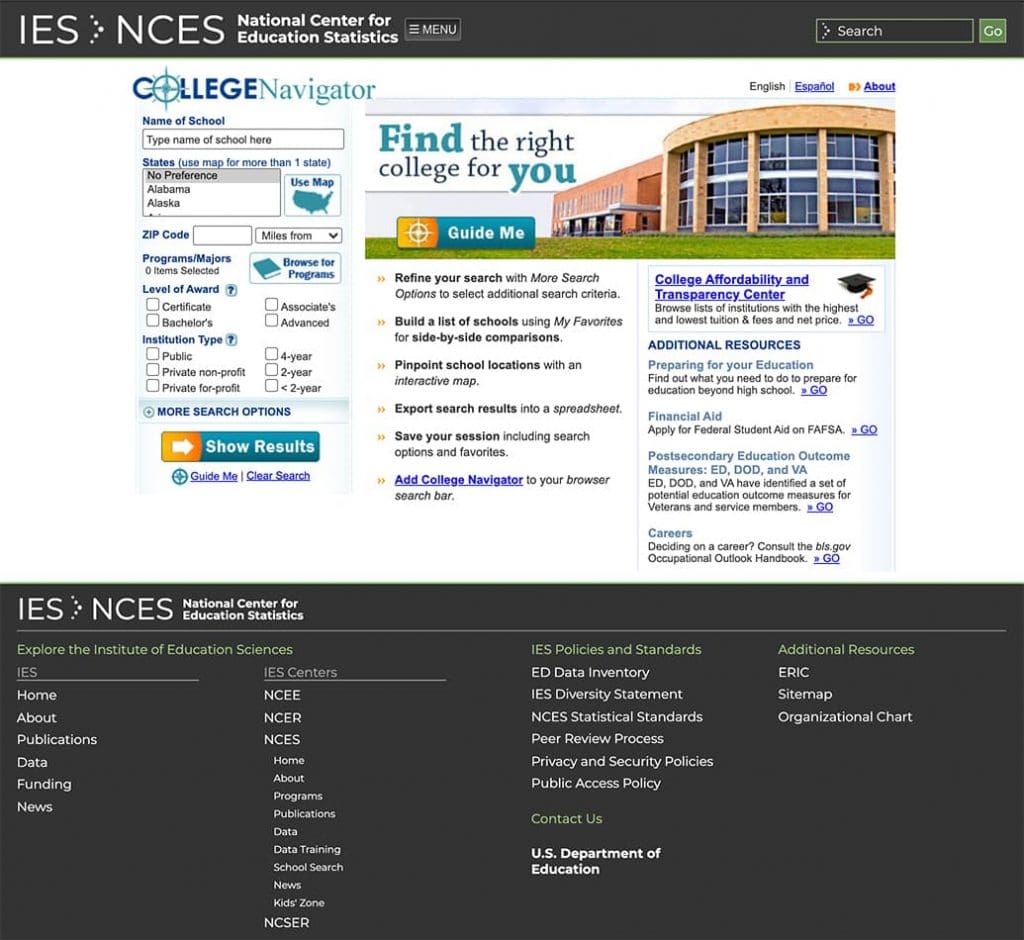 Screenshot of the College Navigator website.